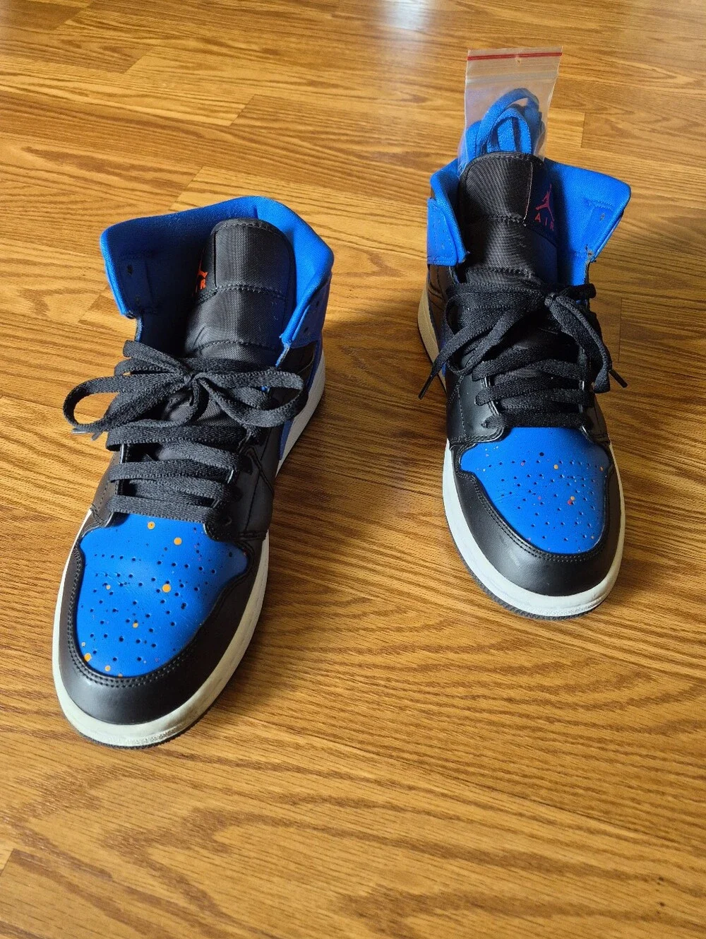 Men's Jordan 1 Paint Splattered Nike Dunk Blue and Black High-Top Sneakers